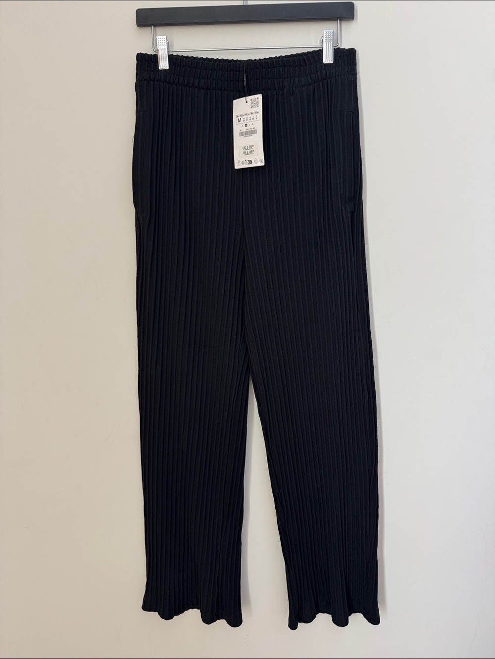 Zara Ribbed Pleated Wide Leg Pants Medium Black NWT Elastic Waist Flowy